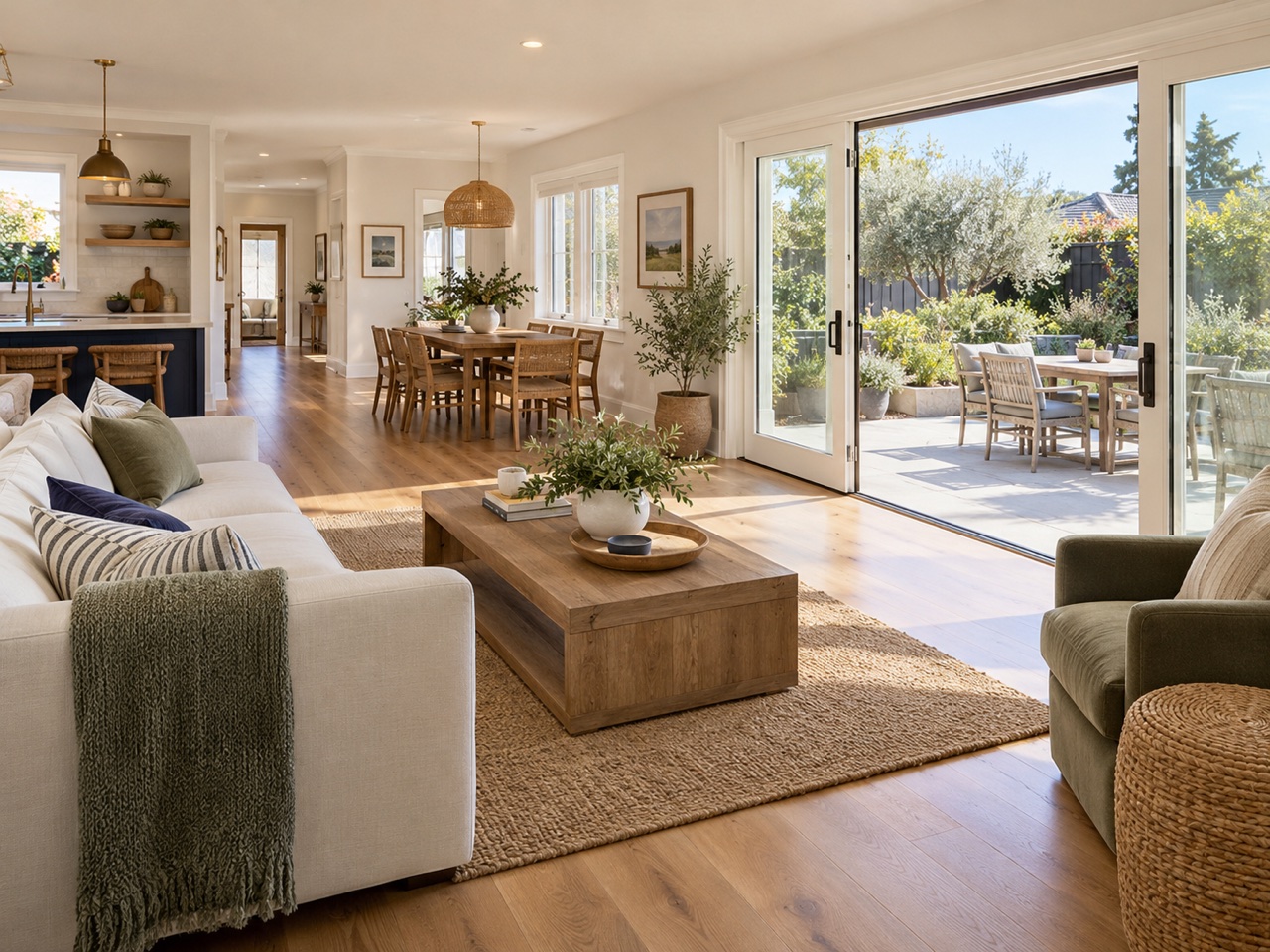 A bright single-level living room opening onto a low-maintenance garden patio.