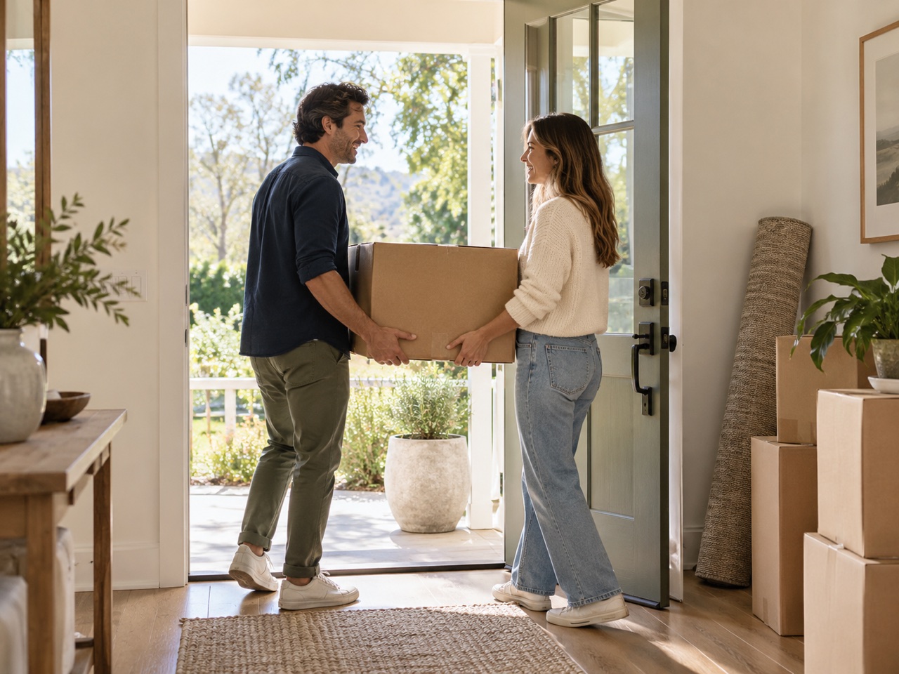 A couple carrying a moving box into a bright home with neatly packed boxes in the entry.