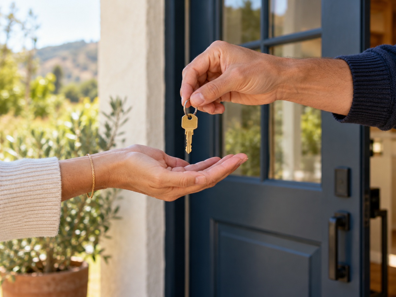 A house key being handed to a new homeowner at a sunlit front door.
