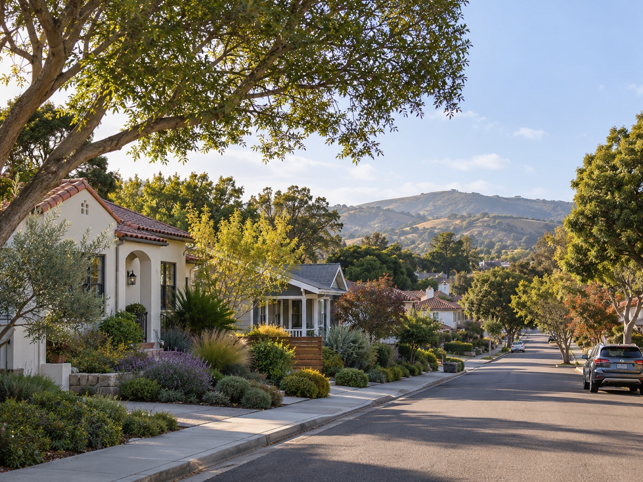 An illustrative California residential street with established homes, mature trees, and landscaped front gardens.