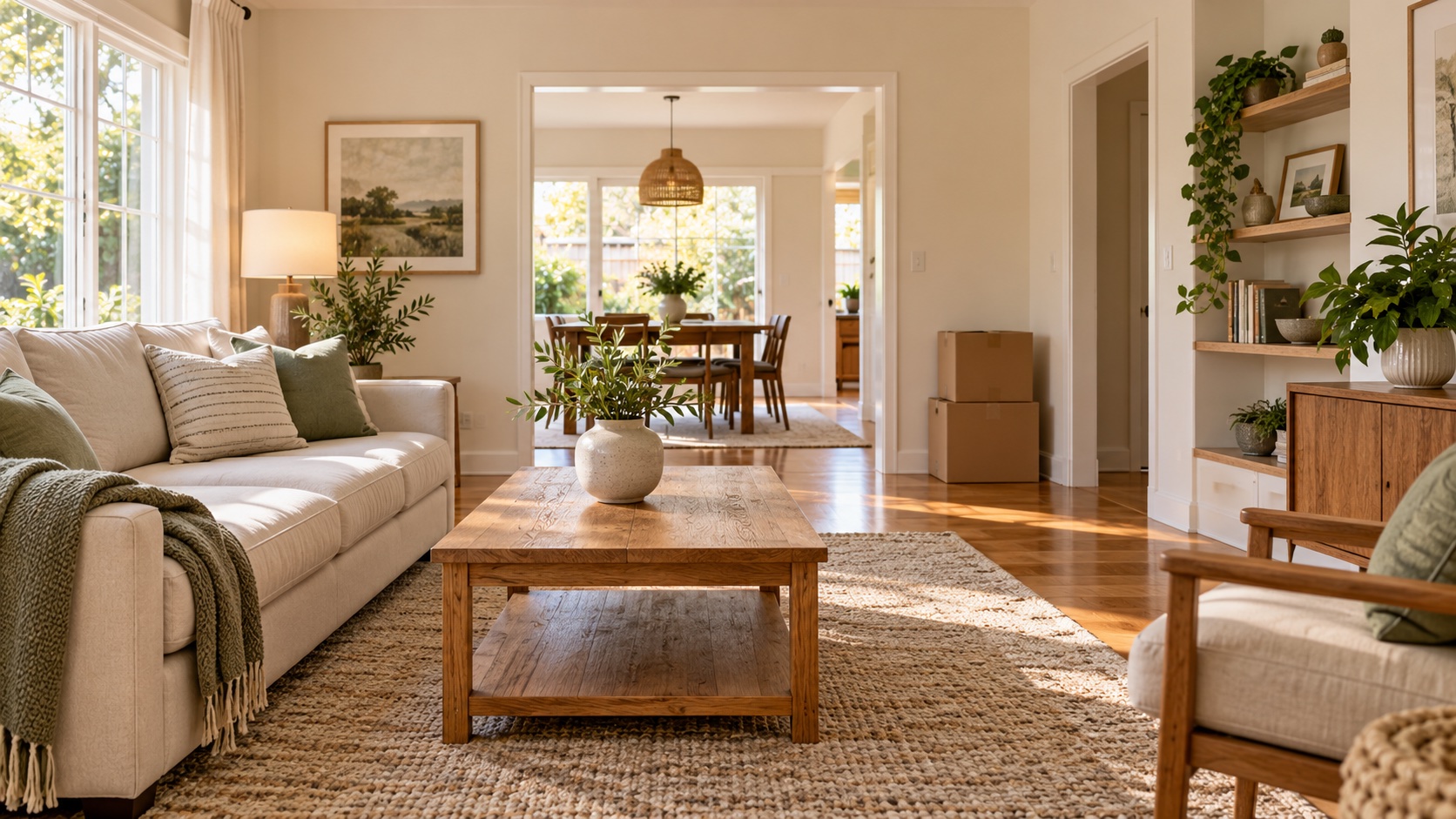 Illustration of a tidy living room with clear surfaces, open walkways, and neatly packed moving boxes