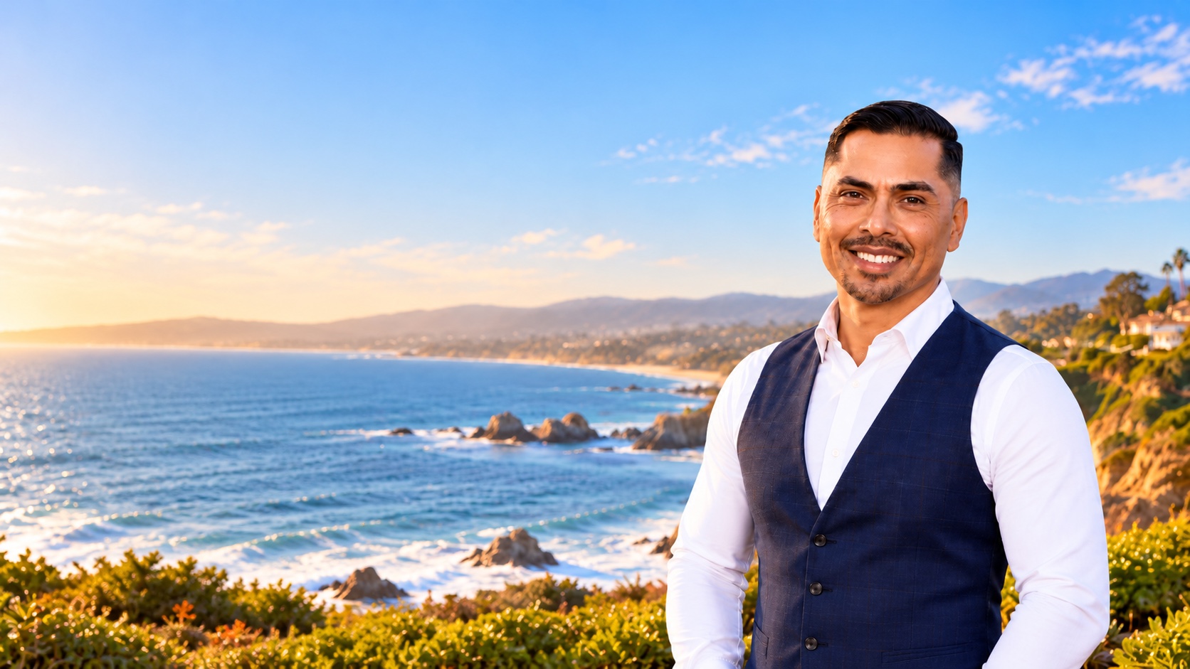 Eddie Guajardo in a white shirt and navy vest beside the coast at golden hour