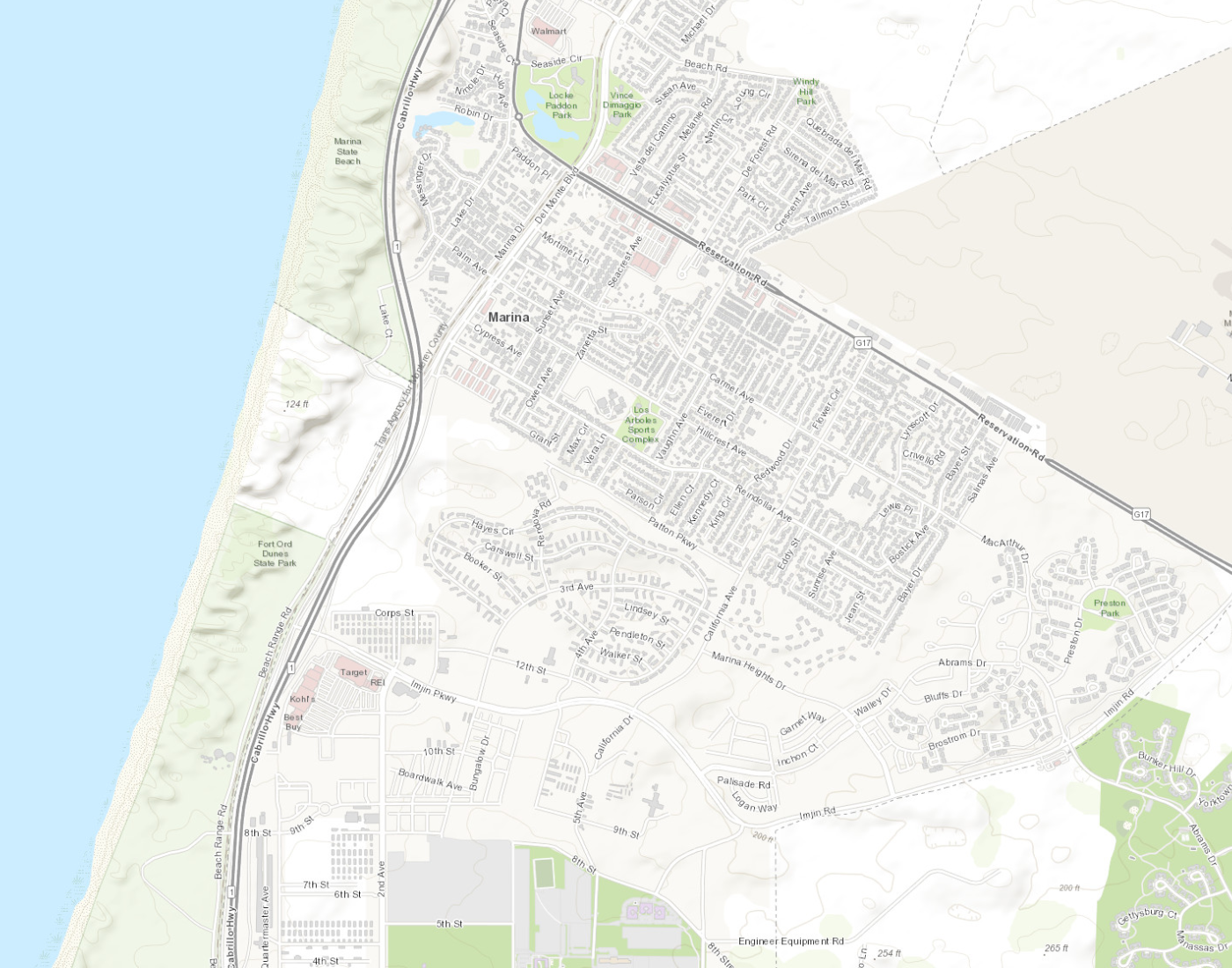 Detailed street map of Marina with numbered markers for the neighborhoods and communities listed below