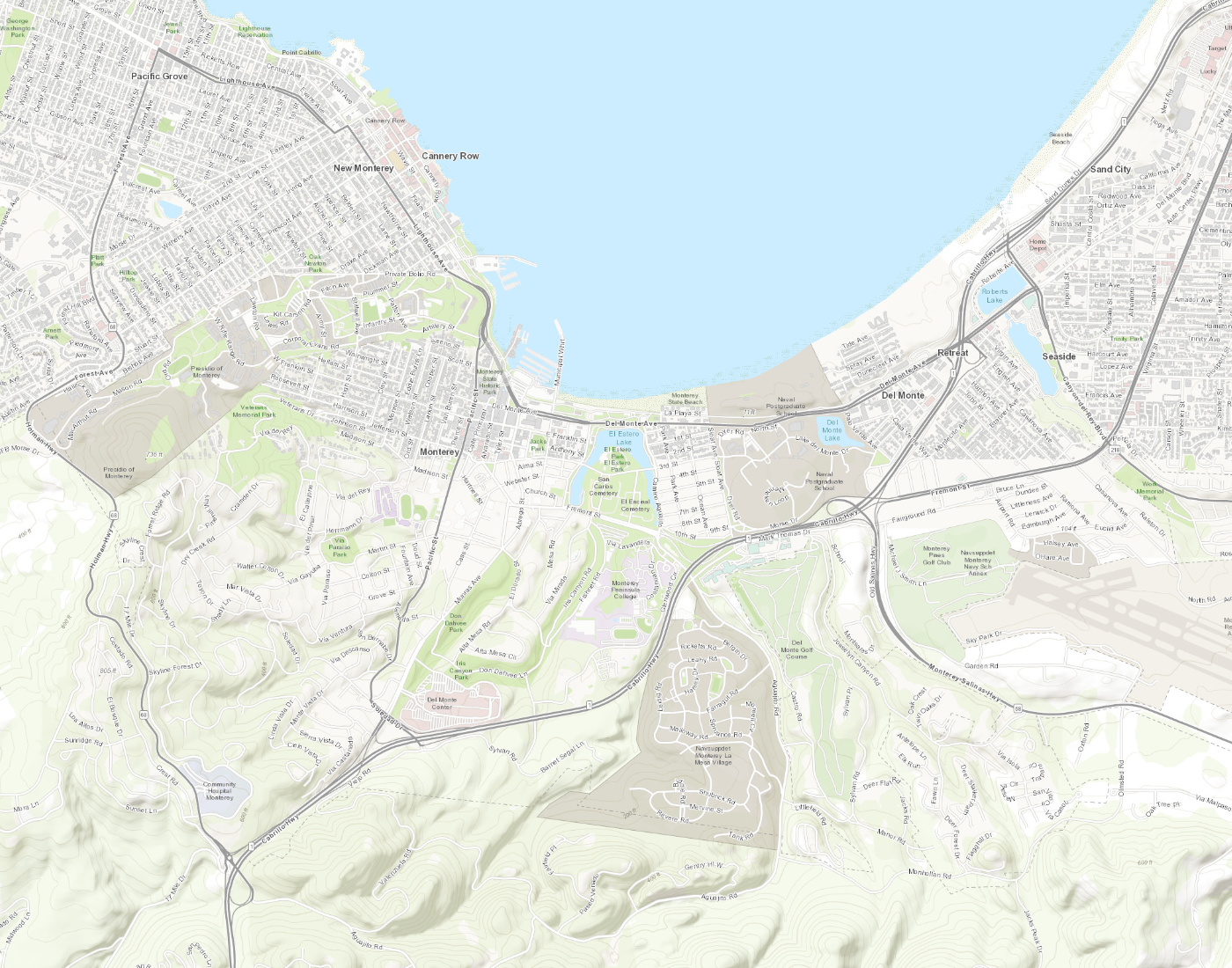 Detailed street map of Monterey with numbered markers for the neighborhoods and communities listed below