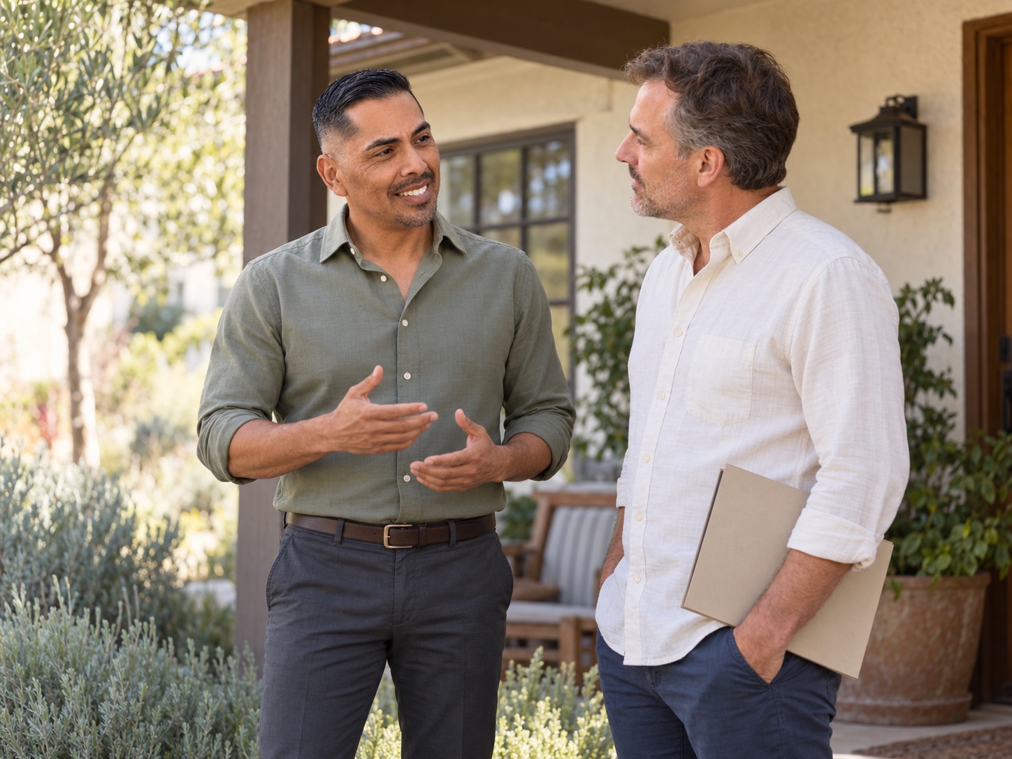Eddie Guajardo in a sage business casual shirt discussing a property with an estate representative on a shaded porch.