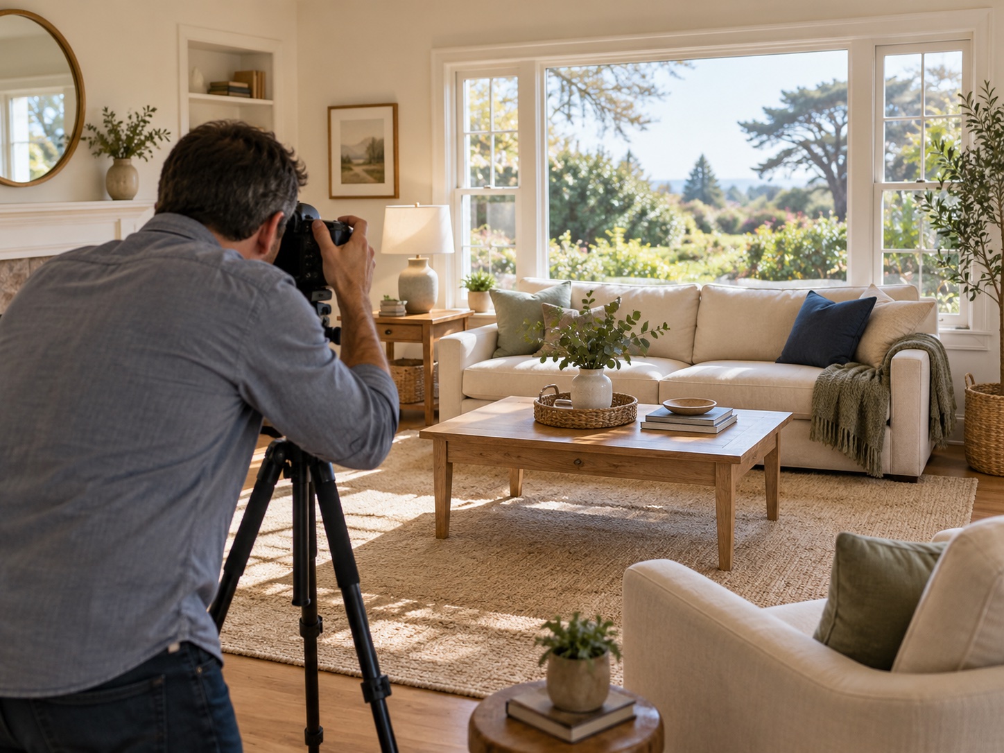A real estate photographer photographing a prepared living room with a camera on a tripod.