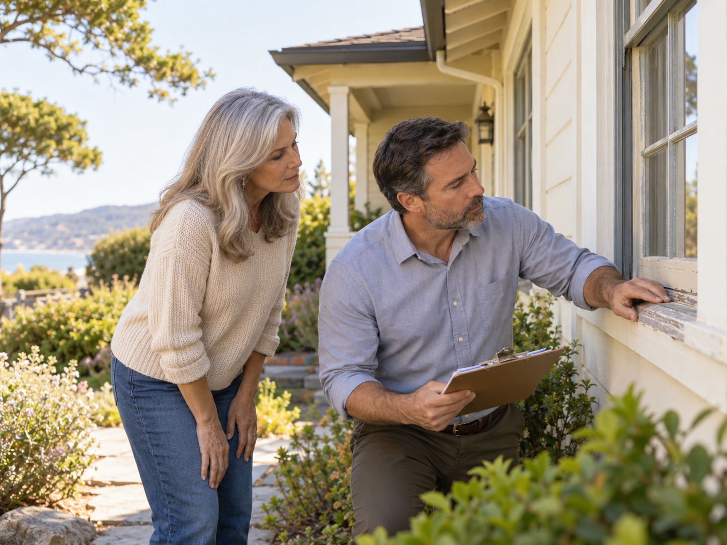 An inspector and estate representative reviewing an exterior window during a property evaluation.