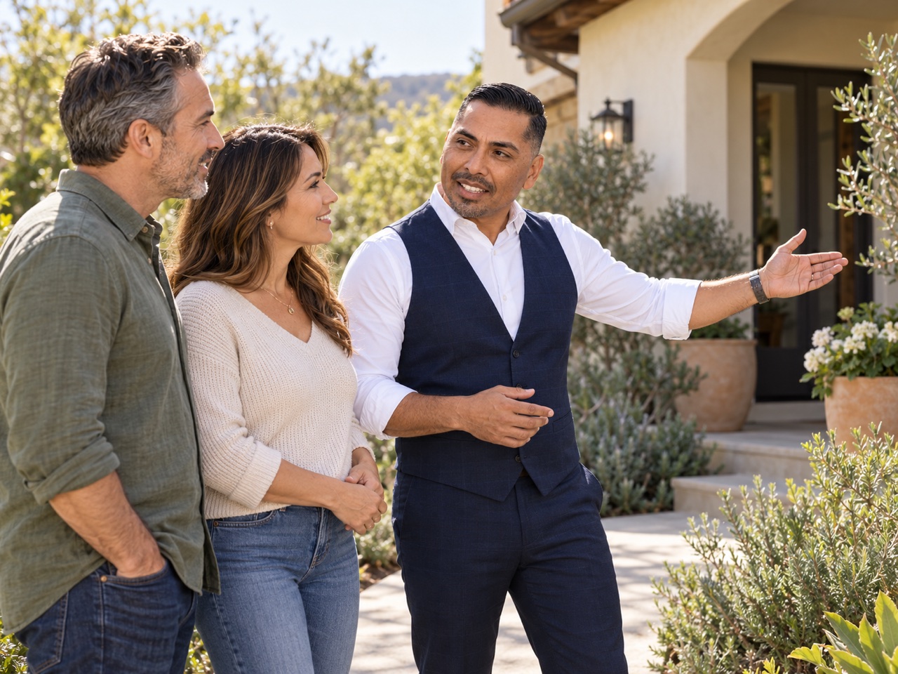 Eddie Guajardo discussing a home with sellers in a landscaped front garden.