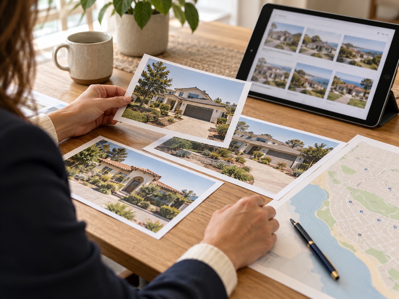 A real estate advisor comparing property photos and neighborhood information at a desk.