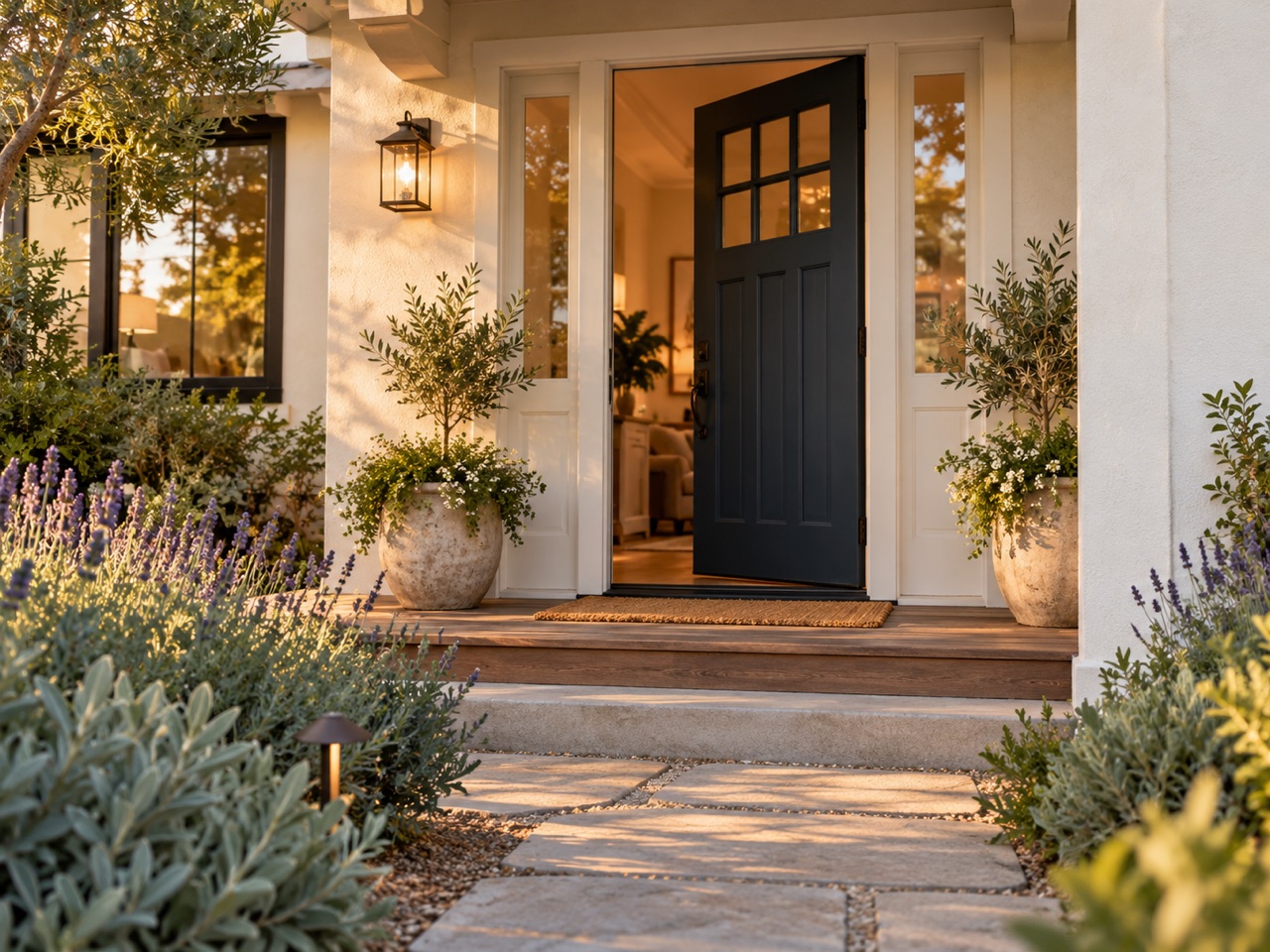 A welcoming California home entrance with a landscaped path and a warm porch light.