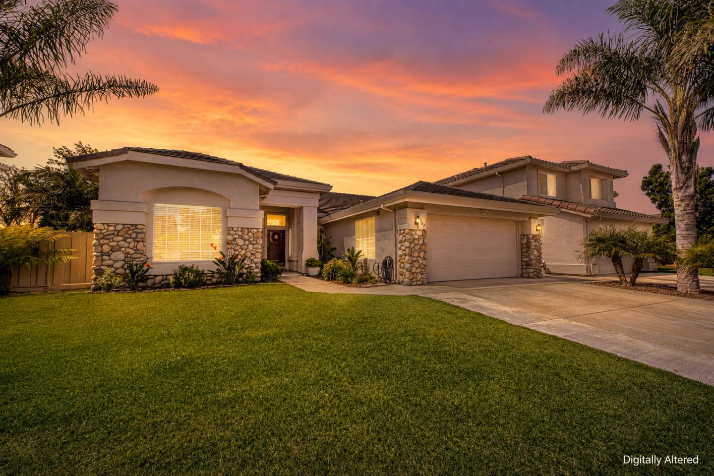 The home at 247 Arguello Drive with a front lawn, palms, and an orange sunset sky; the listing photo is labeled digitally altered